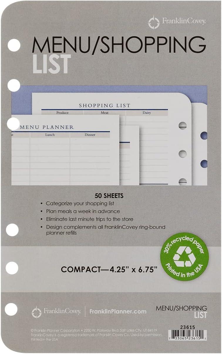 image:imageFranklinCovey Menu Planner Shopping List for RingBound FranklinCovey Planners Plan Menus and Shopping Lists Expansion Pages Classic 50 SheetsCompact Size