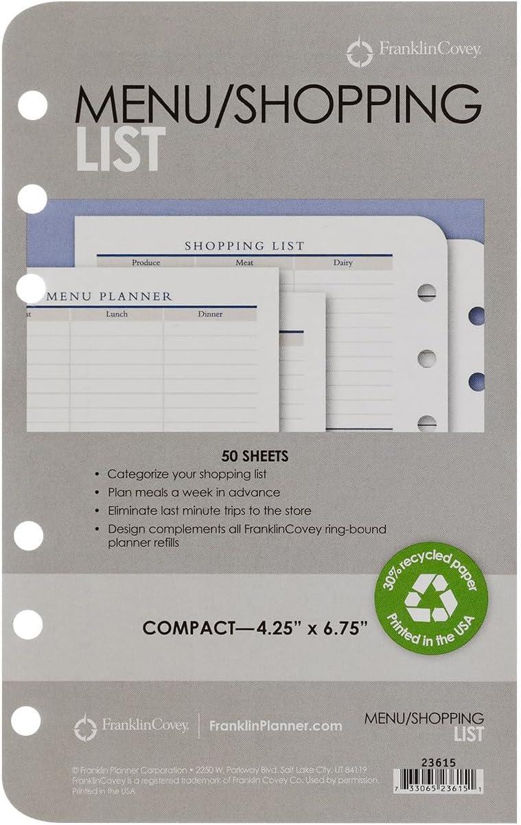 image:imageFranklinCovey Menu Planner Shopping List for RingBound FranklinCovey Planners Plan Menus and Shopping Lists Expansion Pages Classic 50 SheetsCompact Size