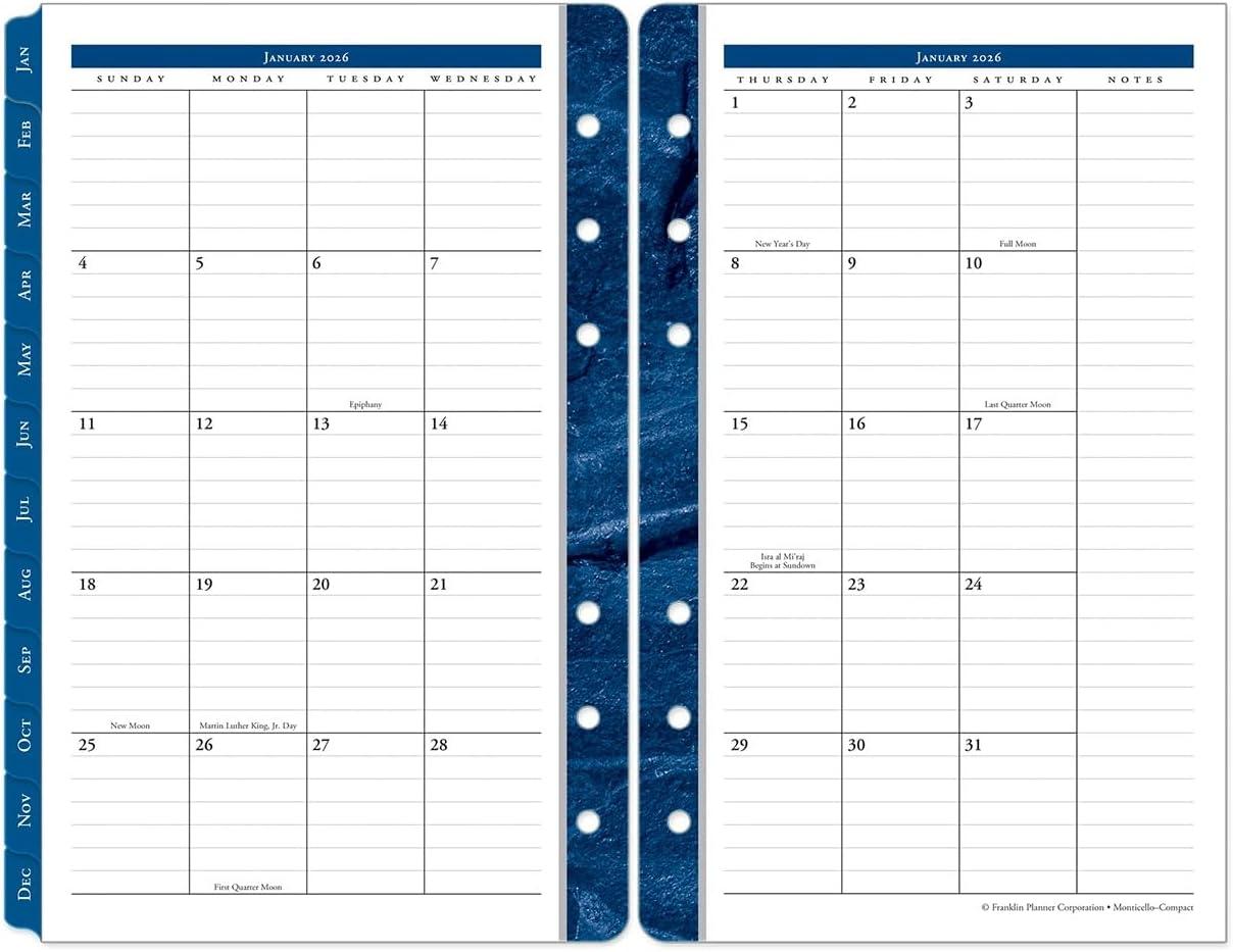 image:imageFranklinCovey Monticello Two Page Monthly Calendar Tabs for RingBound FranklinCovey Planners Compact Jan 2026 Dec 2026Jan 2026 Dec 2026