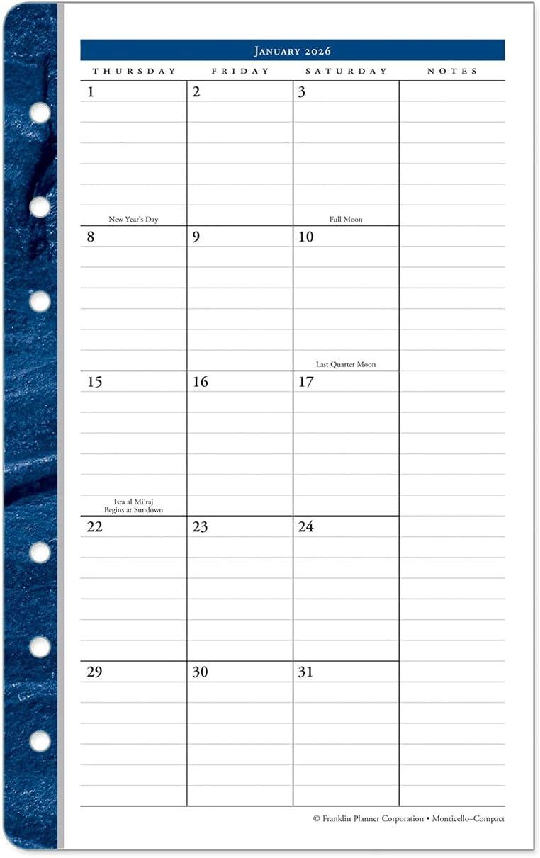 image:imageFranklinCovey Monticello Two Page Monthly Calendar Tabs for RingBound FranklinCovey Planners Compact Jan 2026 Dec 2026Jan 2026 Dec 2026