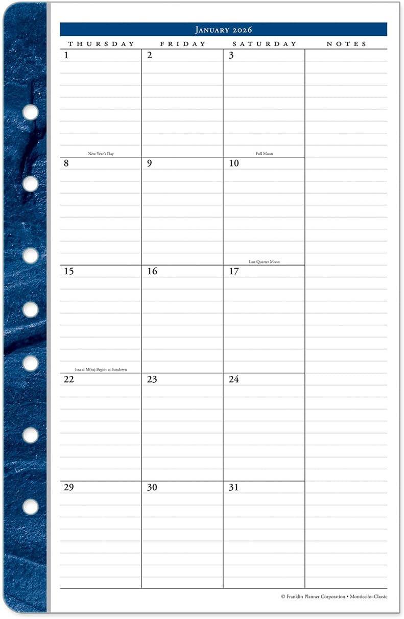 image:imageFranklinCovey Monticello Two Page Monthly Calendar Tabs for RingBound FranklinCovey Planners Compact Jan 2026 Dec 2026Jan 2026 Dec 2026