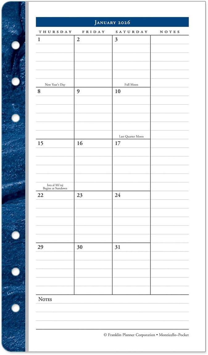 image:imageFranklinCovey Monticello Two Page Monthly Calendar Tabs for RingBound FranklinCovey Planners Compact Jan 2026 Dec 2026Jan 2026 Dec 2026