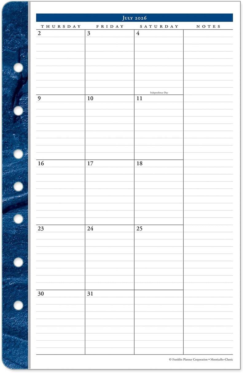 image:imageFranklinCovey Monticello Two Page Monthly Calendar Tabs for RingBound FranklinCovey Planners Compact Jan 2026 Dec 2026Jul 2026 Jun 2027